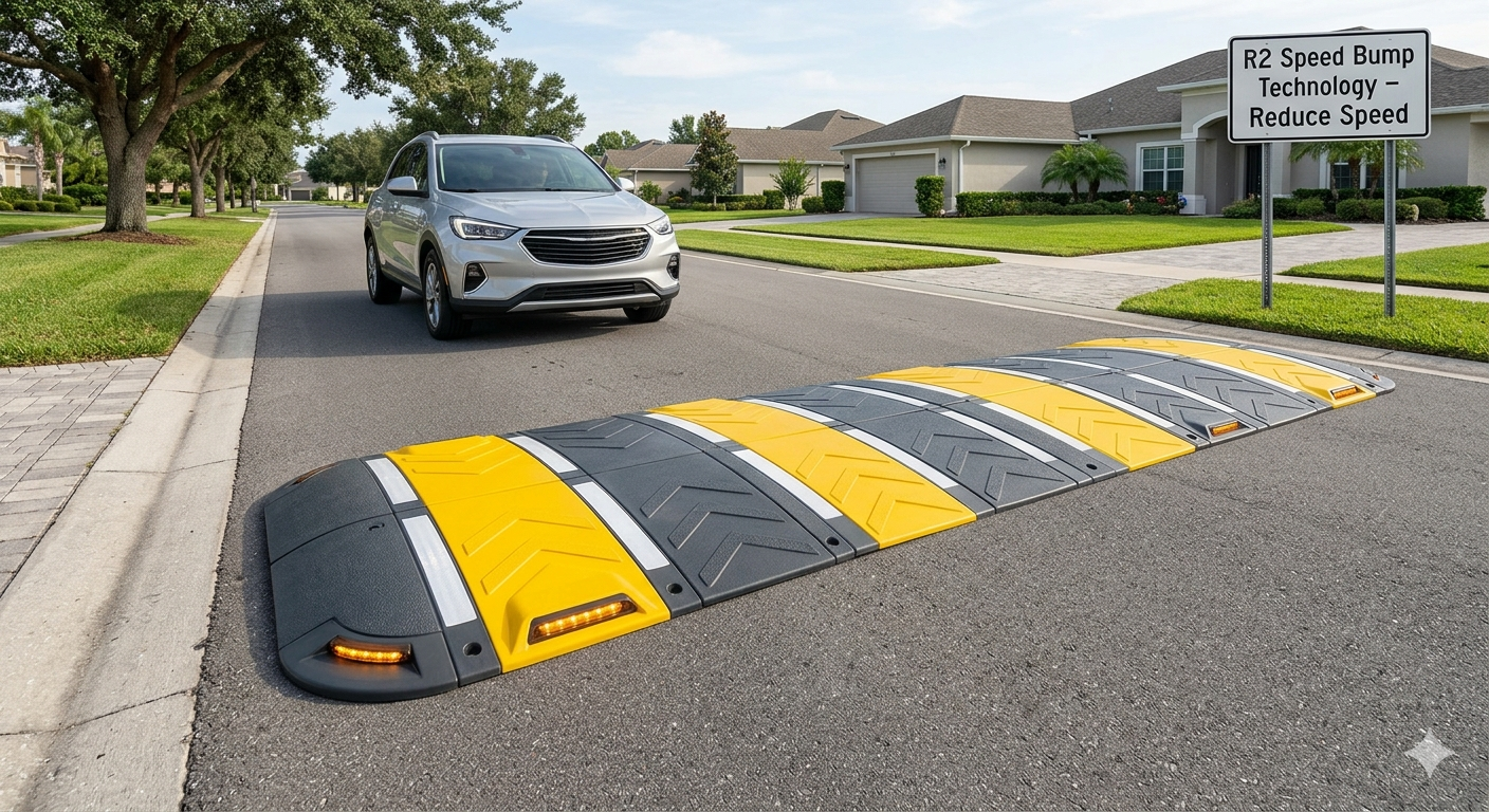 Car approaching speed bump on street